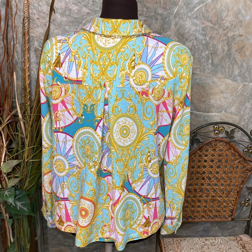 Jane & Delancey 🌹 shirt, top blouse tunic sleeve button collar paisley nautical - Picture 9 of 12